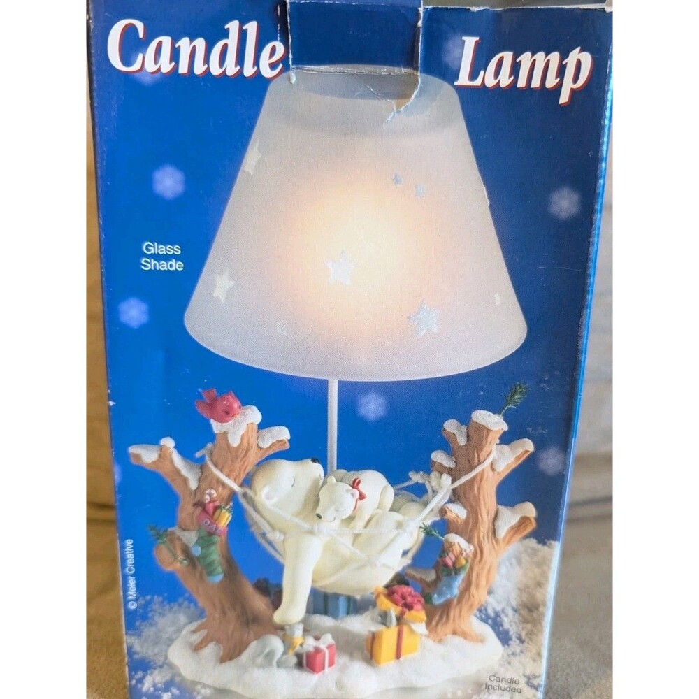 Vtg CHRISTMAS CANDLE Night LAMP POLAR BEAR ON HAMMOCK W/ CHILD TEALIGHT CANDLE